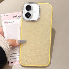 Per iPhone 16 Custodia per telefono con copertura totale glitterata con cornice per fotocamera in strass incorporati (giallo)
