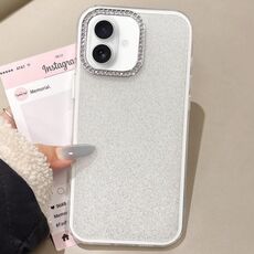 Per iPhone 16 Custodia per telefono con copertura totale glitterata con cornice per fotocamera in strass incorporati (bianca)
