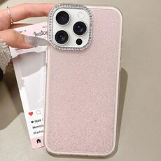 Per iPhone 15 Pro Custodia per telefono con copertura totale glitterata con cornice per fotocamera in strass incorporata (rosa)