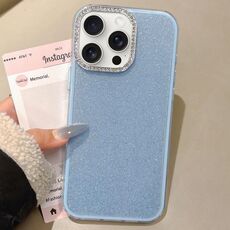 Per iPhone 15 Pro Custodia per telefono con copertura totale glitterata con cornice per fotocamera in strass incorporati (blu)