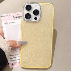 Per iPhone 15 Pro Custodia per telefono con copertura totale glitterata con cornice per fotocamera in strass incorporati (giallo)