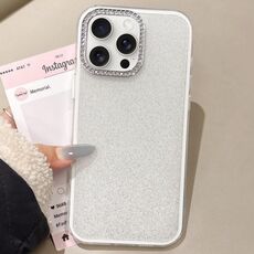 Per iPhone 15 Pro Custodia per telefono con copertura totale glitterata con cornice per fotocamera in strass incorporati (bianca)