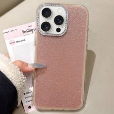 Per iPhone 15 Pro Custodia per telefono con copertura totale glitterata con cornice per fotocamera in strass incorporati (marrone)
