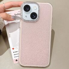 Per iPhone 15 Plus Custodia per telefono con copertura totale glitterata con cornice per fotocamera in strass incorporati (rosa)