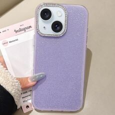Per iPhone 15 Plus Custodia per telefono con copertura totale glitterata con cornice per fotocamera in strass incorporati (viola)