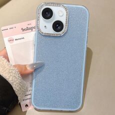Per iPhone 15 Plus Custodia per telefono con copertura totale glitterata con cornice per fotocamera in strass incorporati (blu)
