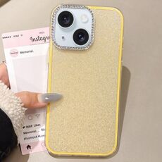 Per iPhone 15 Plus Custodia per telefono con copertura totale glitterata con cornice per fotocamera in strass incorporati (giallo)