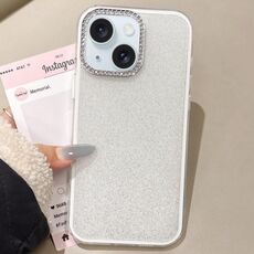 Per iPhone 15 Plus Custodia per telefono con copertura totale glitterata con cornice per fotocamera in strass incorporati (bianca)
