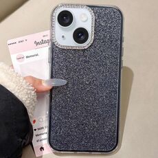 Per iPhone 15 Plus Custodia per telefono con copertura totale glitterata con cornice per fotocamera in strass incorporati (nero)