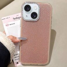 Per iPhone 15 Plus Custodia per telefono con copertura totale glitterata con cornice per fotocamera in strass incorporati (marrone)