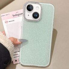 Per iPhone 14 Plus Custodia per telefono con copertura totale glitterata con cornice per fotocamera in strass incorporati (verde)