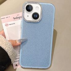 Per iPhone 14 Custodia per telefono con copertura totale glitterata con cornice per fotocamera in strass incorporati (blu)