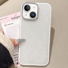 Per iPhone 14 Custodia per telefono con copertura totale glitterata con cornice per fotocamera in strass incorporati (bianca)