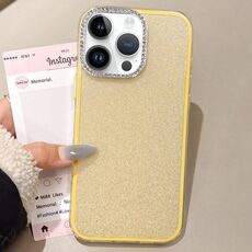Per iPhone 14 Pro Custodia per telefono con copertura totale glitterata con cornice per fotocamera in strass incorporati (giallo)