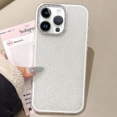 Per iPhone 14 Pro Custodia per telefono con copertura totale glitterata con cornice per fotocamera in strass incorporati (bianca)