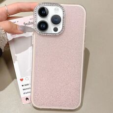 Per iPhone 14 Pro Max Custodia per telefono con copertura totale glitterata con cornice per fotocamera in strass incorporata (rosa)
