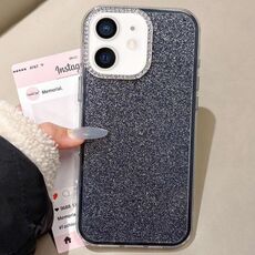 Per iPhone 11 Custodia per telefono con copertura totale glitterata con cornice per fotocamera in strass incorporata (nero)