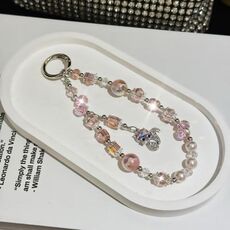 Ciondolo volpe con perline di cristallo e catena per cellulare (rosa)
