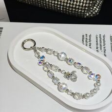 Ciondolo volpe con perline di cristallo Catena per cellulare (bianco)