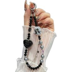 Catena per telefono con cuore e fiore di rosa (nero)