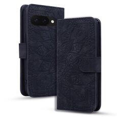 Per Google Pixel 9a Custodia per telefono in pelle di vitello con stampa mandala a doppia piega (nera)