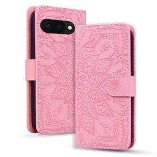 Per Google Pixel 9a Custodia per telefono in pelle di vitello con stampa mandala a doppia piega (rosa)