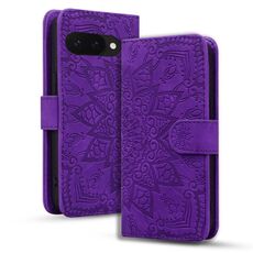 Per Google Pixel 9a Custodia per telefono in pelle di vitello con stampa mandala a doppia piega (viola)