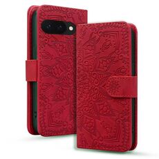 Per Google Pixel 9a Custodia per telefono in pelle di vitello con stampa mandala a doppia piega (rosso)