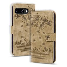 Per Google Pixel 9a Custodia per telefono in pelle goffrata con motivo Sakura Cat (marrone)