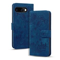 Per Google Pixel 9a Custodia per telefono in pelle goffrata con motivo Sakura Cat (blu)