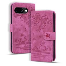Per Google Pixel 9a Custodia per telefono in pelle goffrata con motivo Sakura Cat (rosso rosa)