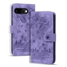 Per Google Pixel 9a Custodia per telefono in pelle goffrata con motivo Sakura Cat (viola)