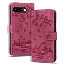 Per Google Pixel 9a Custodia per telefono in pelle goffrata con motivo Sakura Cat (rosso)