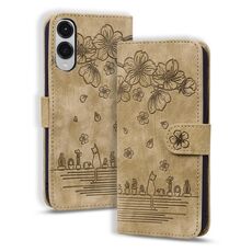 Per Samsung Galaxy S25 Edge 5G Custodia per telefono in pelle goffrata con motivo Sakura Cat (marrone)