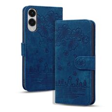 Per Samsung Galaxy S25 Edge 5G Custodia per telefono in pelle goffrata con motivo Sakura Cat (blu reale)