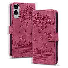 Per Samsung Galaxy S25 Edge 5G Custodia per telefono in pelle goffrata con motivo Sakura Cat (rosso vino)