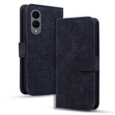 Per Samsung Galaxy S25 Edge 5G Custodia per telefono in pelle di vitello con stampa mandala a doppia piega (nera)