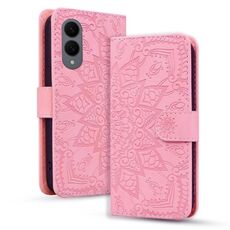 Per Samsung Galaxy S25 Edge 5G Custodia per telefono in pelle di vitello con stampa mandala a doppia piega (rosa)