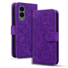 Per Samsung Galaxy S25 Edge 5G Custodia per telefono in pelle di vitello con stampa mandala a doppia piega (viola)