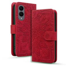 Per Samsung Galaxy S25 Edge 5G Custodia per telefono in pelle di vitello con stampa mandala a doppia piega (rosso)
