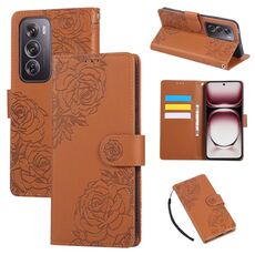 Custodia in pelle con 3 slot per carte di credito e motivo a fiori di rosa per OPPO Reno12 Pro 5G (marrone)