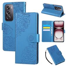 Custodia in pelle con 3 slot per carte di credito e motivo a fiori di rosa per OPPO Reno12 Pro 5G (blu)
