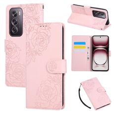 Custodia in pelle con 3 slot per carte di credito e motivo a fiori di rosa per OPPO Reno12 Pro 5G (rosa)