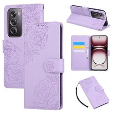 Custodia in pelle con 3 slot per carte di credito e motivo a fiori di rosa per OPPO Reno12 Pro 5G (viola)