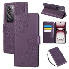 Custodia in pelle con 3 slot per carte di credito e motivo a fiori di rosa per OPPO Reno12 Pro 5G (viola scuro)