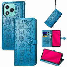 Custodia in pelle goffrata con motivo gatto e cane per Honor 400 Lite (blu)