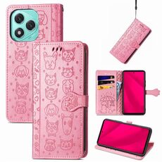 Custodia in pelle goffrata per telefono Honor 400 Lite con motivo gatto e cane (rosa)