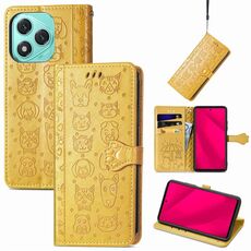 Custodia in pelle goffrata per telefono Honor 400 Lite con motivo gatto e cane (giallo)