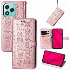 Custodia in pelle goffrata per telefono For Honor 400 Lite con motivo gatto e cane (oro rosa)