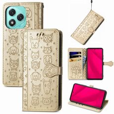 Custodia in pelle goffrata per telefono Honor 400 Lite con motivo gatto e cane (oro)